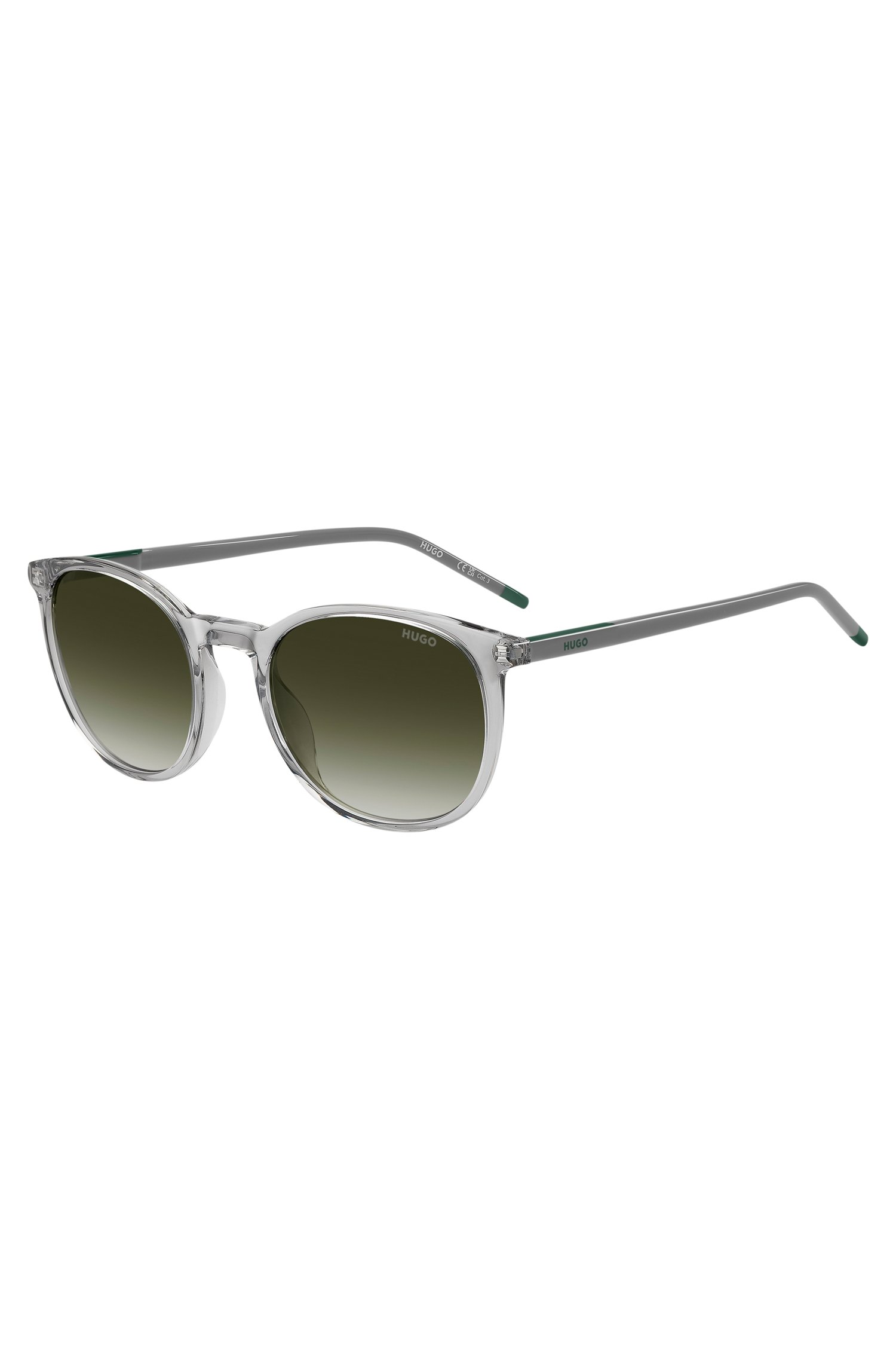 Transparent-grey sunglasses with green logo