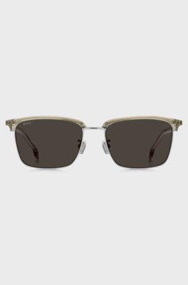 Titanium-temple sunglasses with lasered-engraved logos, Light Beige