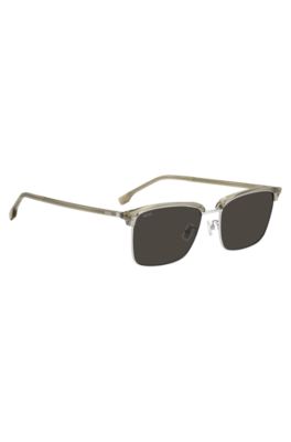 Titanium-temple sunglasses with lasered-engraved logos, Light Beige