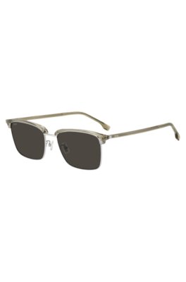 Titanium-temple sunglasses with lasered-engraved logos