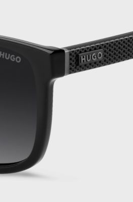 Matte-black sunglasses with patterned temples, Black