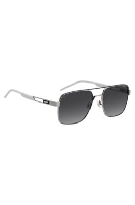 Double-bridge sunglasses in stainless steel with rubber logo, Grey
