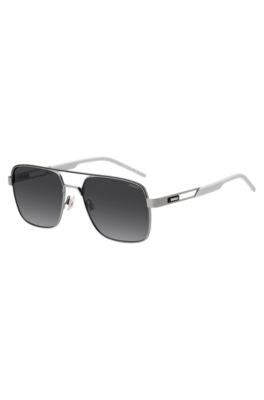 Double-bridge sunglasses in stainless steel with rubber logo, Grey