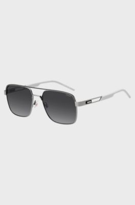 Double-bridge sunglasses in stainless steel with rubber logo, Grey