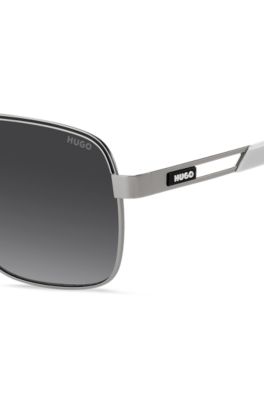 Double-bridge sunglasses in stainless steel with rubber logo, Grey