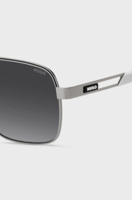 Lunettes de soleil &agrave; double pont en acier inoxydable avec logo en gomme, Gris