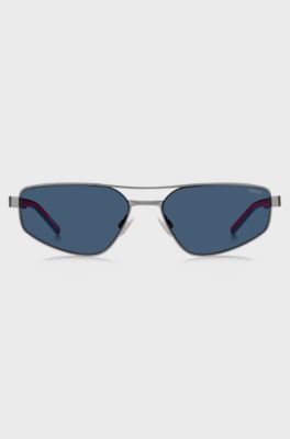 Double-bridge sunglasses with cut-out logo, Silver tone