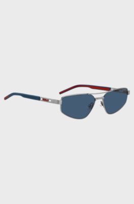 Double-bridge sunglasses with cut-out logo, Silver tone