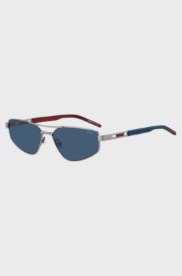 Double-bridge sunglasses with cut-out logo, Silver tone