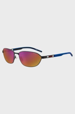 Black-metal sunglasses with cut-out logo, Black