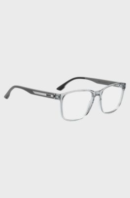 Occhiali da vista in acetato grigio trasparente con placca logo, Trasparente