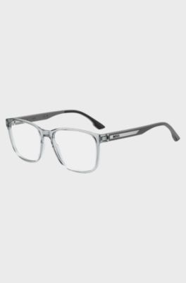 Occhiali da vista in acetato grigio trasparente con placca logo, Trasparente