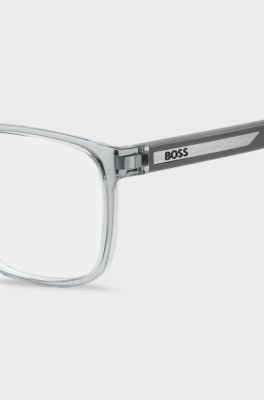 Occhiali da vista in acetato grigio trasparente con placca logo, Trasparente