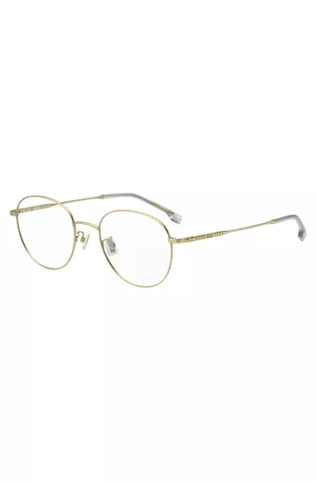 Goldfarbene Brillenfassung mit röhrenförmigen Bügeln