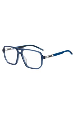 Blue-acetate optical frames with cut-out logo