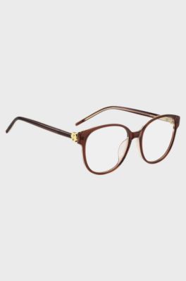 Occhiali da vista in acetato trasparente bordeaux con monogramma Double B, Marrone