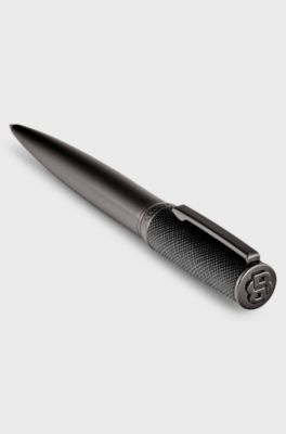 Gunmetal-plated ballpoint pen with saffiano-leather cap, Black