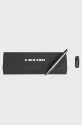 Gunmetal-plated rollerball pen with textured-leather cap, Black