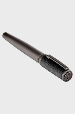 Gunmetal-plated rollerball pen with textured-leather cap, Black