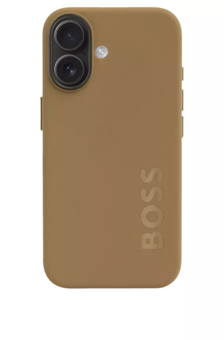 Matte camel-toned iPhone 16 case with embossed logo