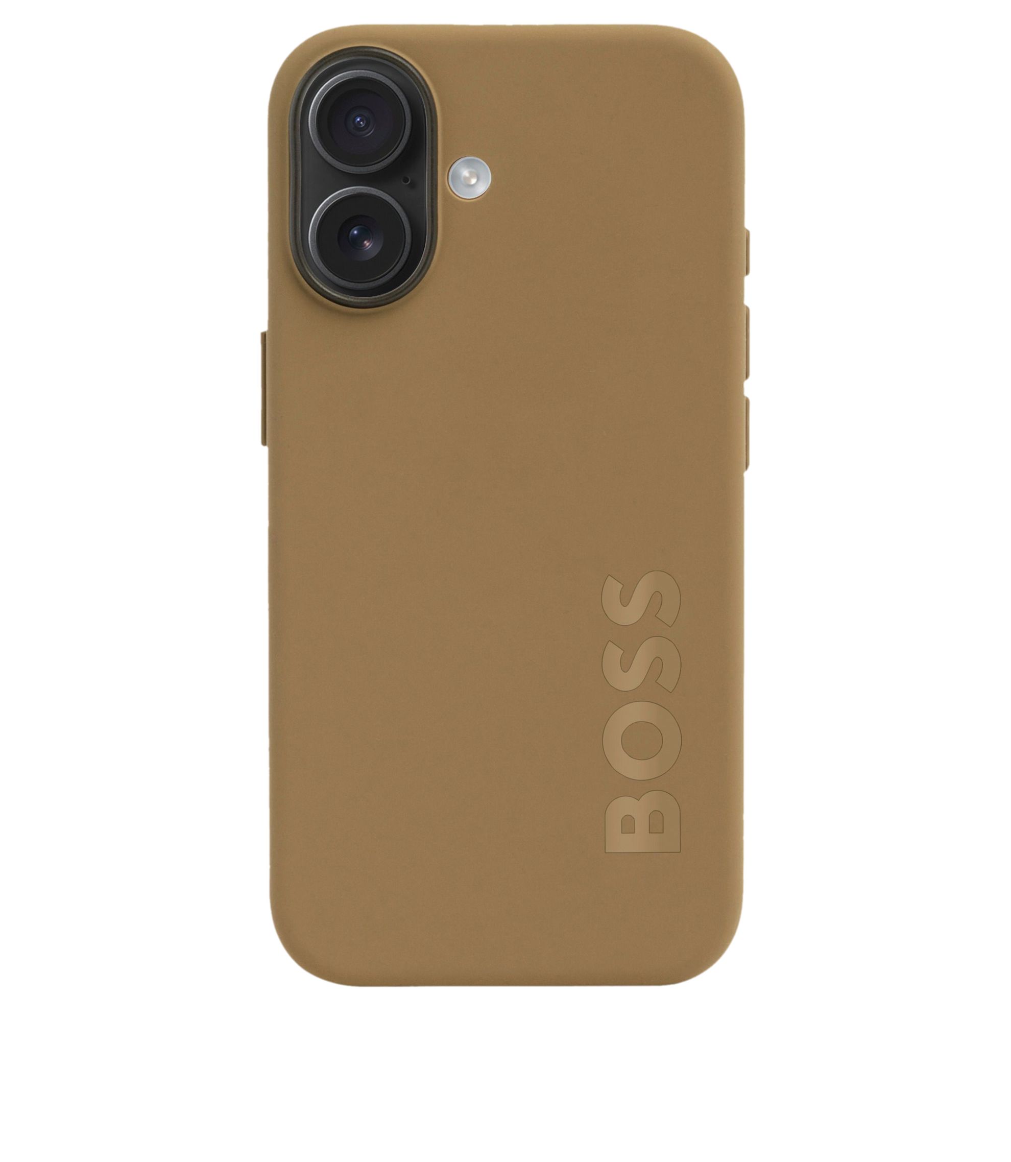 Matte camelfarbene iPhone 16 Hülle mit Logo-Prägung