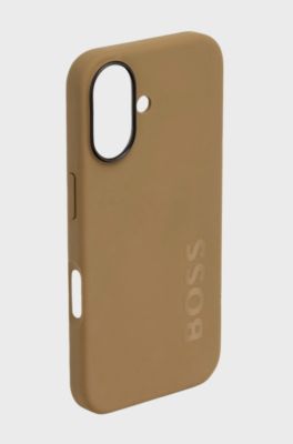 Matte camel-toned iPhone 16 case with embossed logo, Light Brown