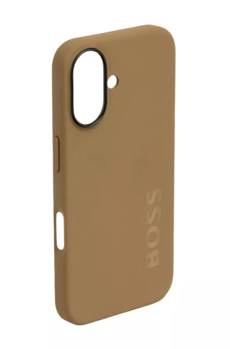 Matte camel-toned iPhone 16 case with embossed logo