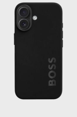 Matte-black iPhone 16 case with embossed logo, Black