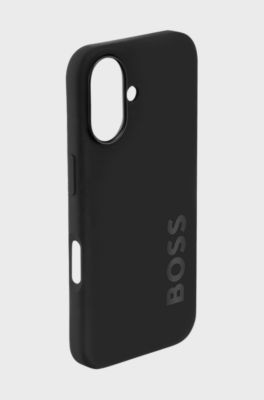 Matte-black iPhone 16 case with embossed logo, Black