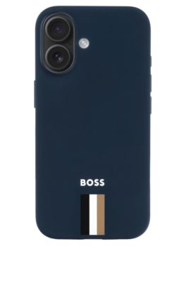 Matte-blue iPhone 16 case with signature-stripe branding, Bleu fonc&eacute;