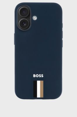 Matblauw iPhone&nbsp;16-hoesje met kenmerkend gestreept merkaccent, Donkerblauw