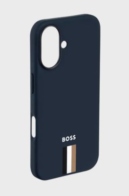 Matblauw iPhone&nbsp;16-hoesje met kenmerkend gestreept merkaccent, Donkerblauw