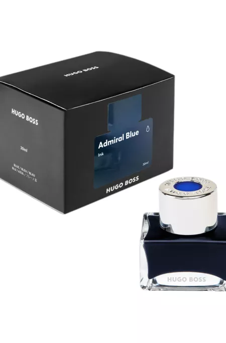 Branded fountain pen ink bottle in blue