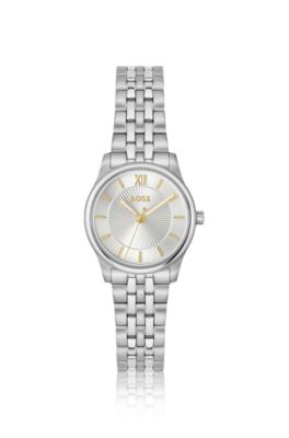 Graceful silver-tone watch with sunburst-patterned dial, Silver tone