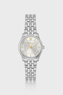 Graceful silver-tone watch with sunburst-patterned dial, Silver tone
