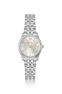 Graceful silver-tone watch with sunburst-patterned dial, Silver tone