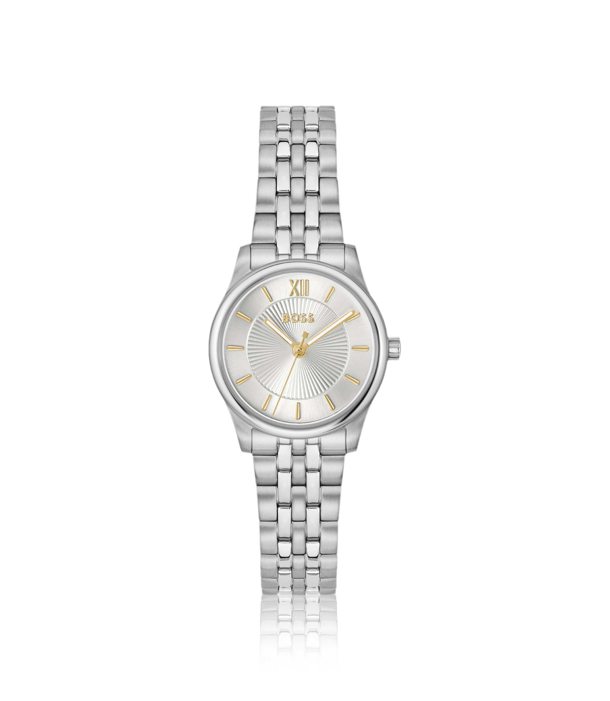 Elegante silberfarbene Uhr mit Zifferblatt im Sonnenschliff