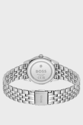 Graceful silver-tone watch with sunburst-patterned dial, Silver tone