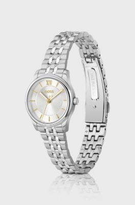 Graceful silver-tone watch with sunburst-patterned dial, Silver tone