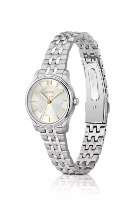 Graceful silver-tone watch with sunburst-patterned dial