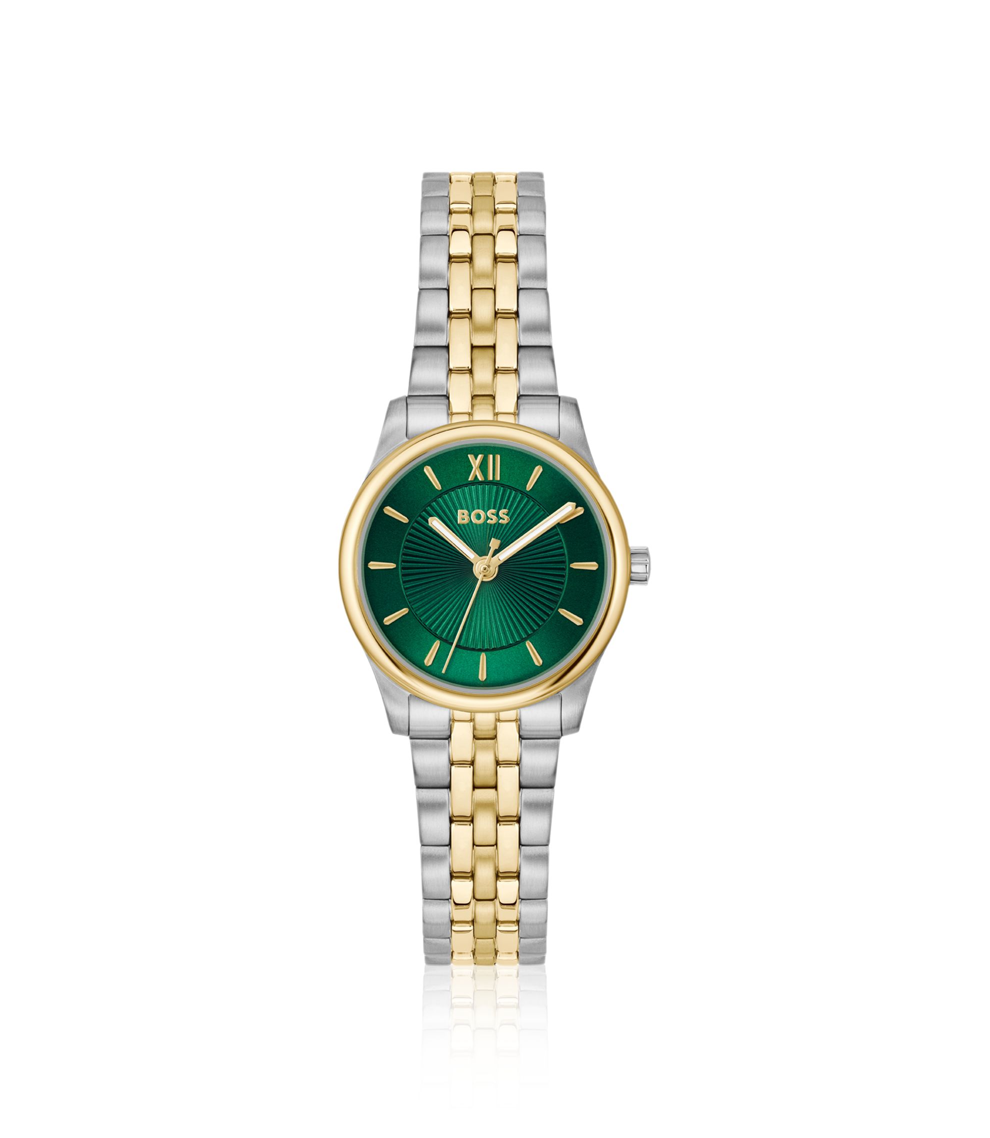 Elegante zweifarbige Uhr mit sonnenstrahlenförmig gemustertem Zifferblatt