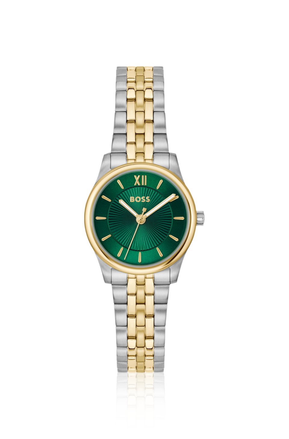 Graceful two-tone watch with sunburst-patterned dial