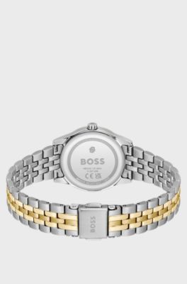 Graceful two-tone watch with sunburst-patterned dial, Silver tone