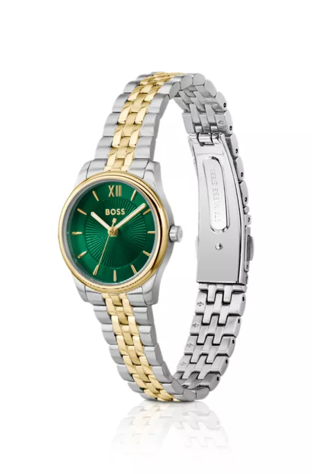 Graceful two-tone watch with sunburst-patterned dial