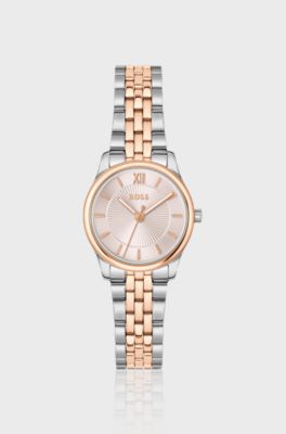 Graceful two-tone watch with pink sunburst-patterned dial, Silver tone