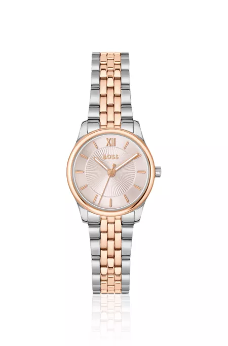 Graceful two-tone watch with pink sunburst-patterned dial