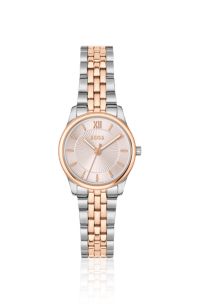 Graceful two-tone watch with pink sunburst-patterned dial, Silver tone