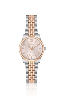 Graceful two-tone watch with pink sunburst-patterned dial