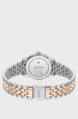 Graceful two-tone watch with pink sunburst-patterned dial, Silver tone