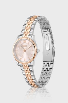 Graceful two-tone watch with pink sunburst-patterned dial, Silver tone